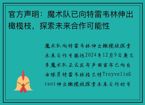 官方声明：魔术队已向特雷韦林伸出橄榄枝，探索未来合作可能性