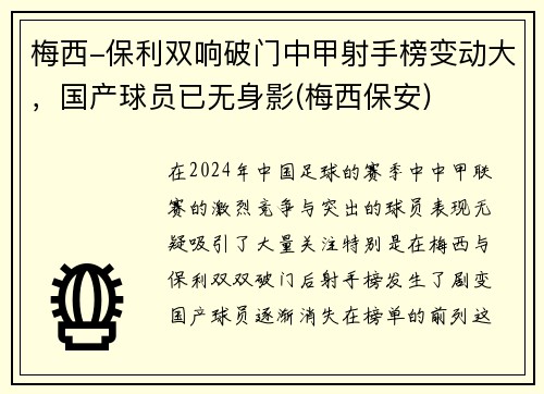 梅西-保利双响破门中甲射手榜变动大，国产球员已无身影(梅西保安)