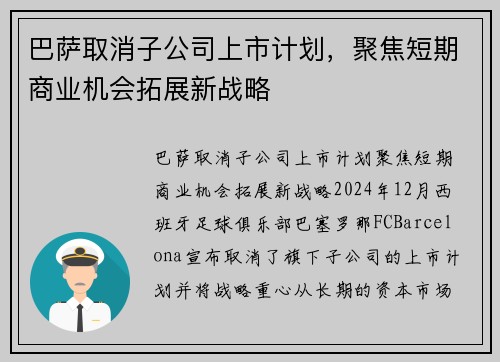 巴萨取消子公司上市计划，聚焦短期商业机会拓展新战略