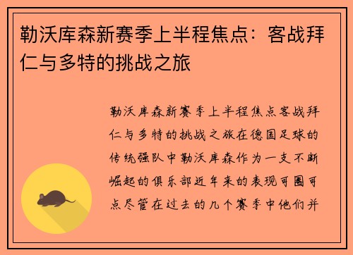 勒沃库森新赛季上半程焦点：客战拜仁与多特的挑战之旅