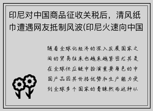 印尼对中国商品征收关税后，清风纸巾遭遇网友抵制风波(印尼火速向中国澄清)