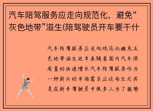 汽车陪驾服务应走向规范化，避免“灰色地带”滋生(陪驾驶员开车要干什么)