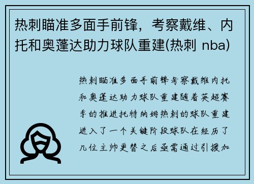 热刺瞄准多面手前锋，考察戴维、内托和奥蓬达助力球队重建(热刺 nba)