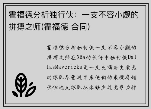 霍福德分析独行侠：一支不容小觑的拼搏之师(霍福德 合同)