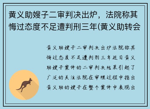 黄义助嫂子二审判决出炉，法院称其悔过态度不足遭判刑三年(黄义助转会)