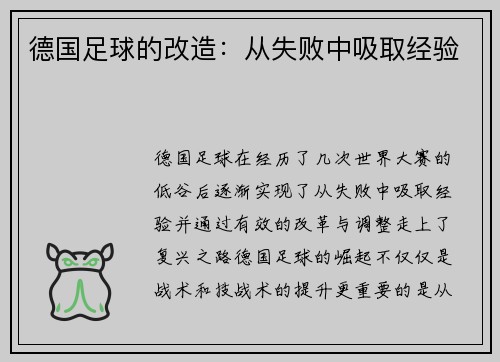 德国足球的改造：从失败中吸取经验